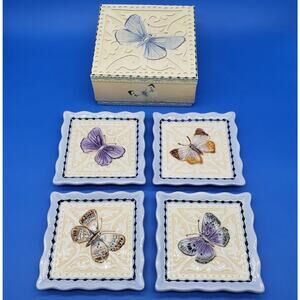 Emily Danielson Butterfly Mini Plates or Coasters 4”‎ Square Butterflies Ceramic